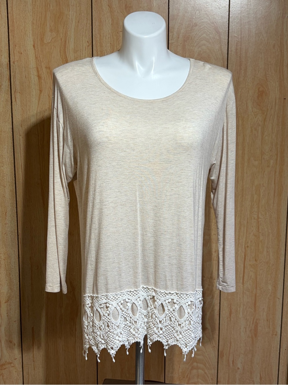 Olivia Sky Beige Long Sleeve Top with Crochet Trim SZ - 1X